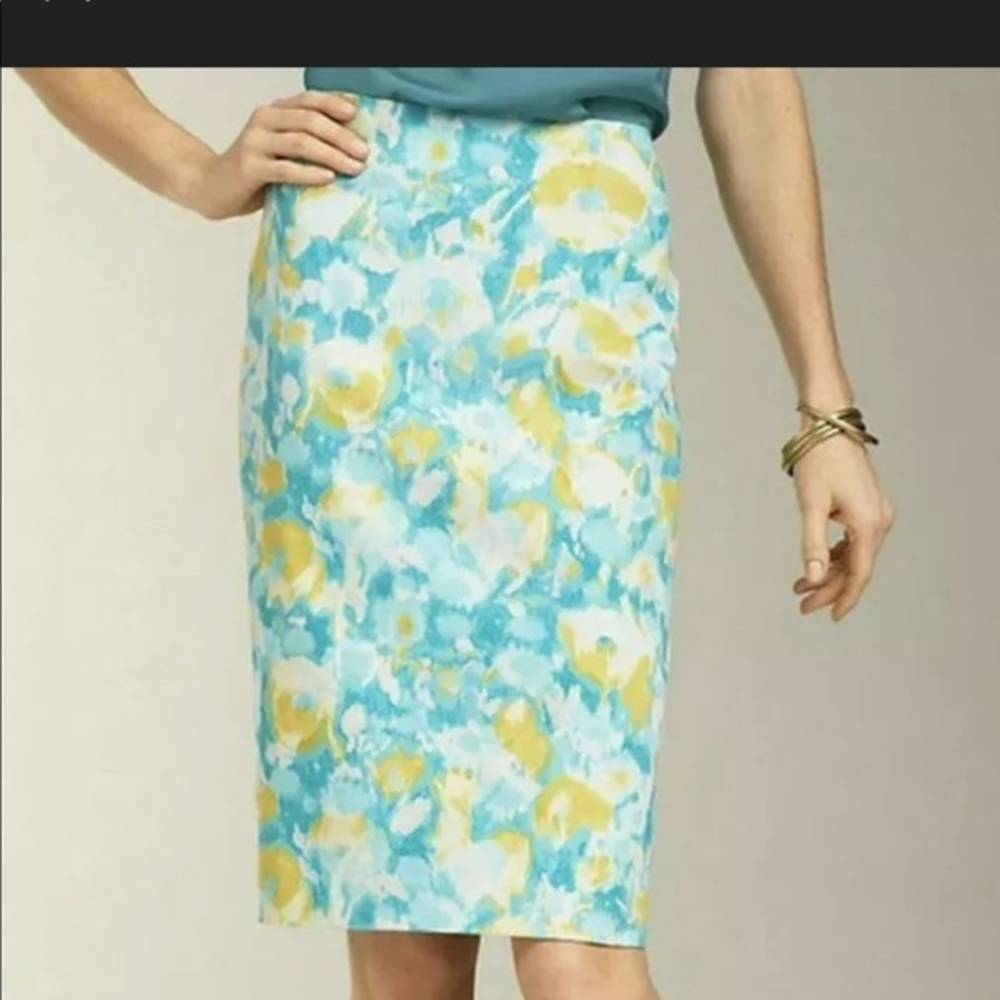 Talbots Petite Floral Pencil Skirt Turquoise Yellow Watercolor 6P